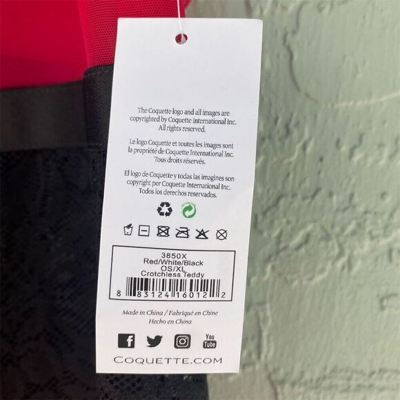 Coquette Women's Crotchless Teddy XL Red/White/Black Feather Trim Lace - Picture 10 of 11